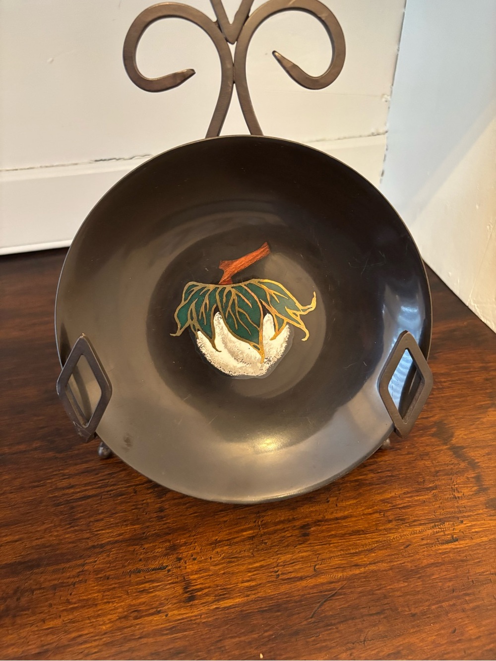 Vintage Couroc of Monterey Black Bowl Handcrafted Inlaid Cotton Boll Design